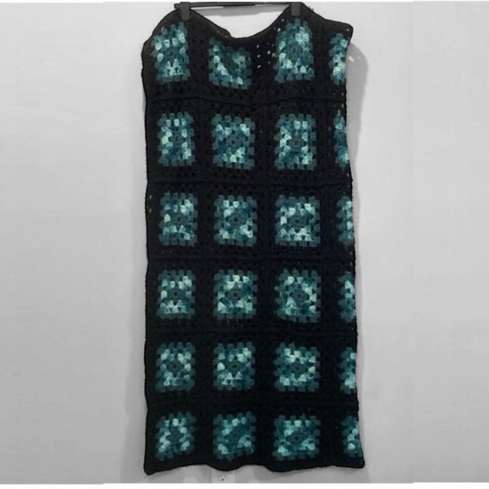 Handmade Crochet Granny Square Blanket Black Green 49x59 Throw